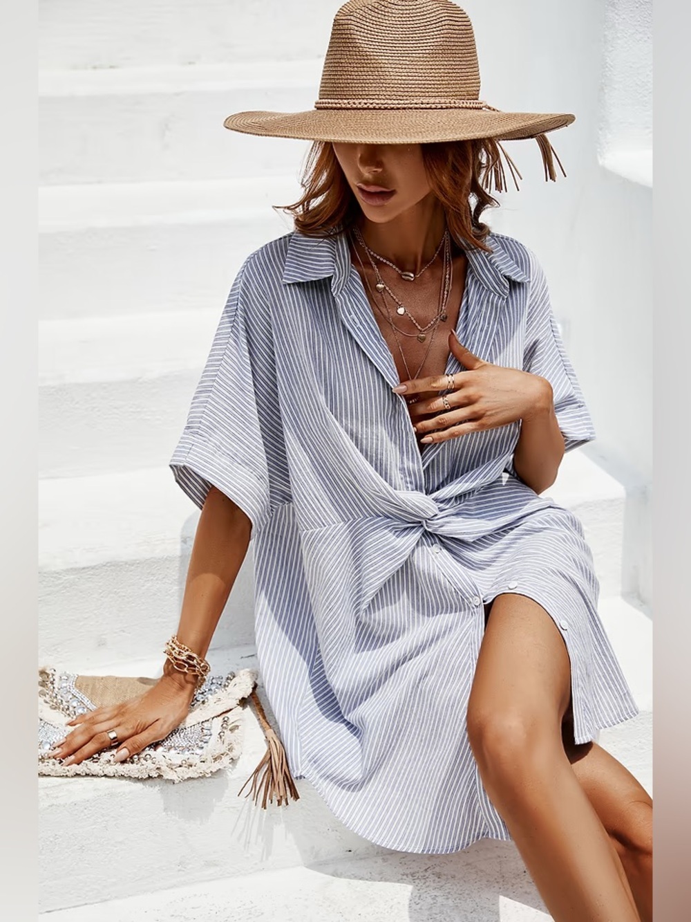 Cupshe: Light Blue Stripe Women’s Swim Cover-Up Dress